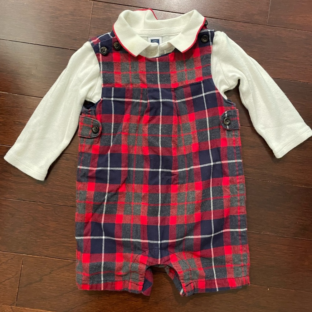 Janie and Jack 3 to 6 mo red plaid shortall shirt set.